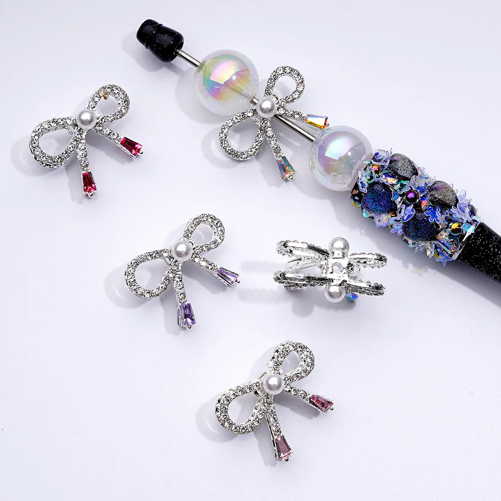 z-Silver Color Metal Beads with Bling Bling Bowtie with White Pearls, Mini Clear & Colorful Shiny Rhinestones, 26*20 MM Random Mix