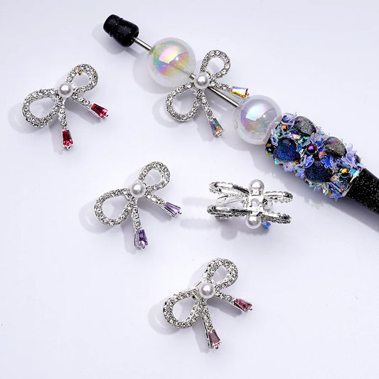 z-Silver Color Metal Beads with Bling Bling Bowtie with White Pearls, Mini Clear & Colorful Shiny Rhinestones, 26*20 MM Random Mix