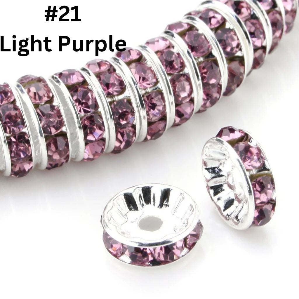 z-Flat Round Metal Spacers with Rhinestones, Straight, 12 mm