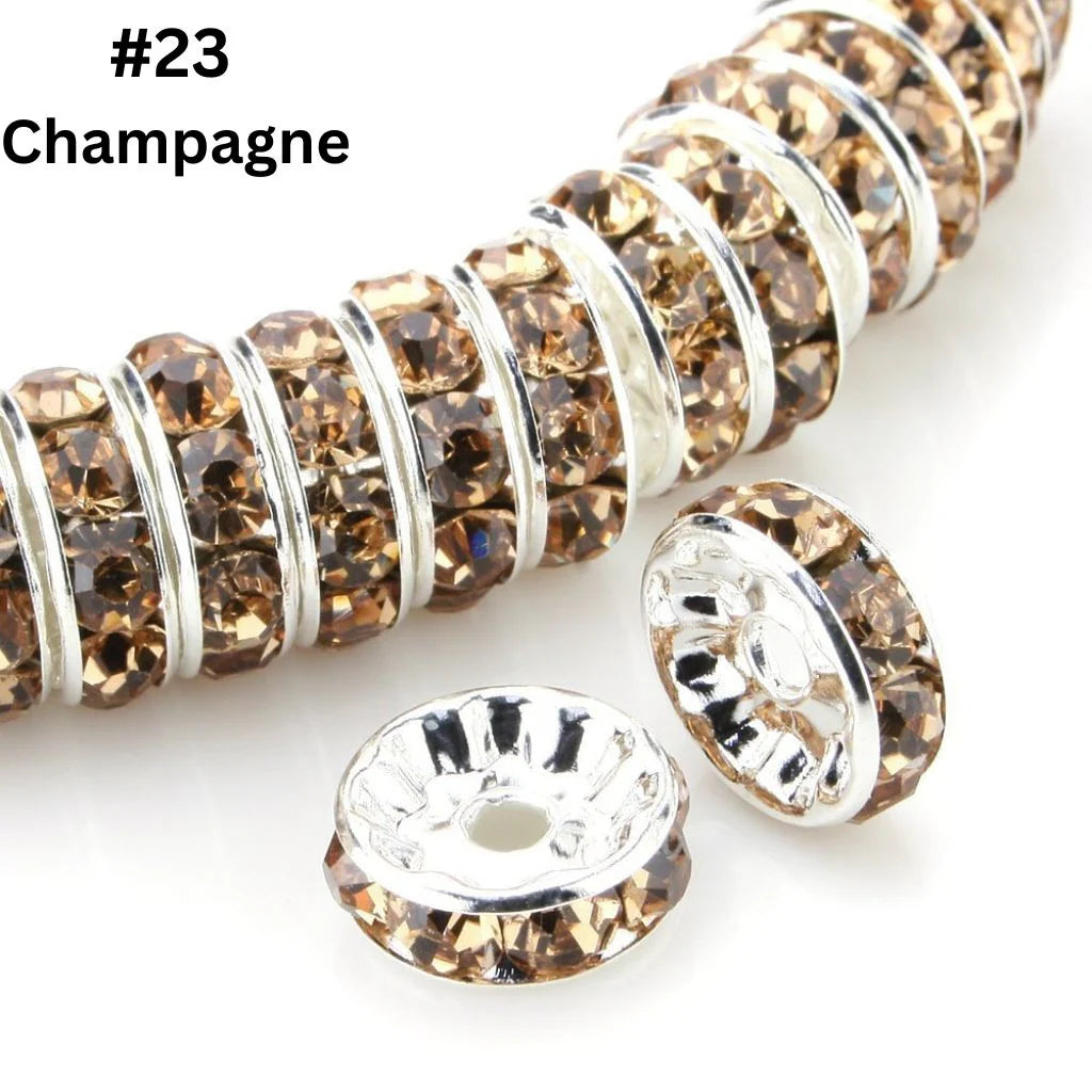 z-Flat Round Metal Spacers with Rhinestones, Straight, 12 mm