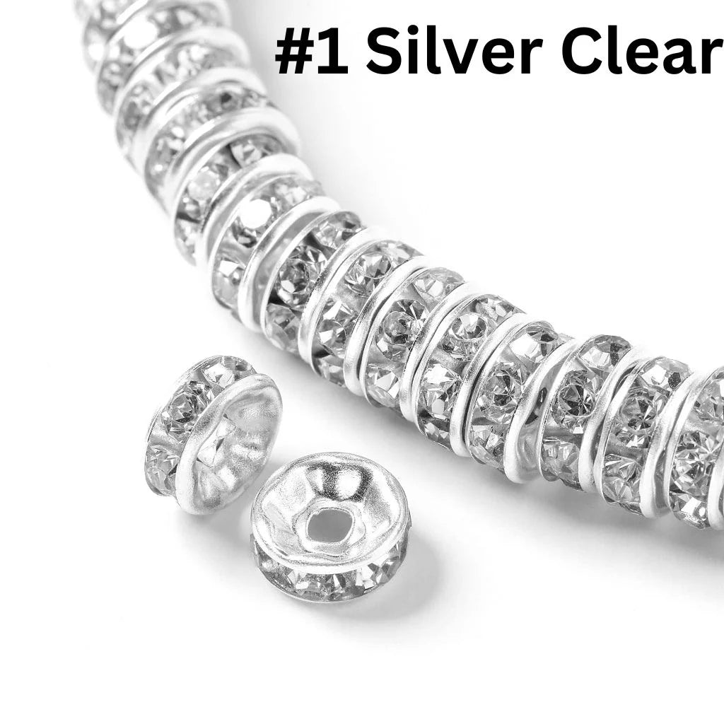 z-Flat Round Metal Spacers with Rhinestones, Straight, 12 mm