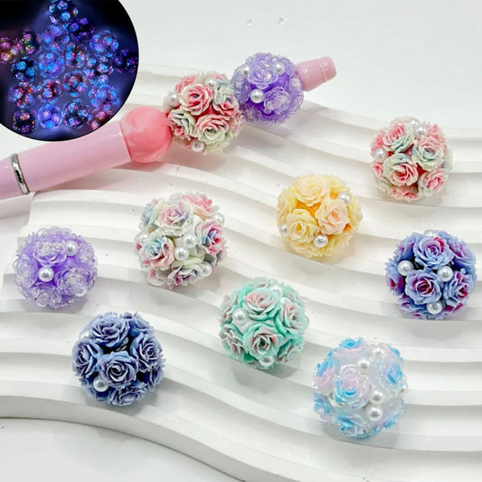 z-Luminous Glittery Rose Flowers White Pearls Round Clay Beads, Random Mix, 20MM