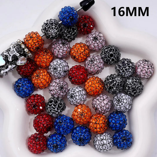 z-Halloween Clear Rhinestones Black White Spider Web Stripes Round Acrylic Beads in Solid Color, 16MM