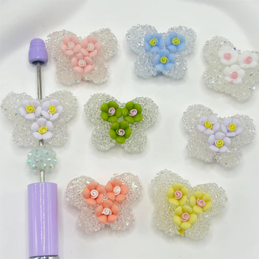 z-Butterfly Shape Sugar Beads with Luminous Small Flowers, Random Mix Color, 31mm by 23mm