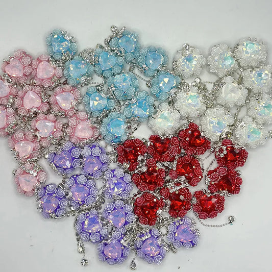 z-Heart Shape Clay Beads with Heart, Small Flower, Crown, Silver Color Chains with Clear Rhinestones, Random Mix Color, 24MM by 26MM