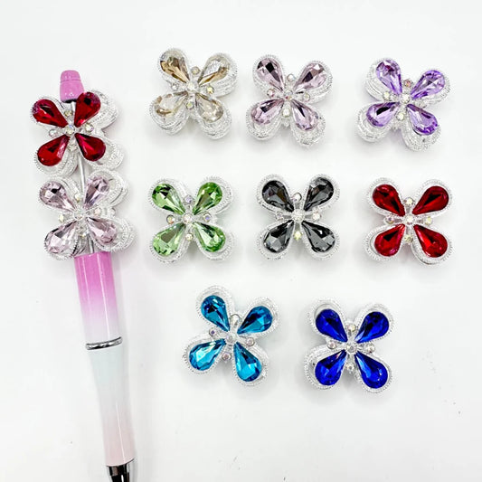 z-Silver Metal Beads Bling Bling Large Diamond with Double-Sided Hollow Four-Petal Flower & AB Color Rhinestones 28×22MM, Random Mix