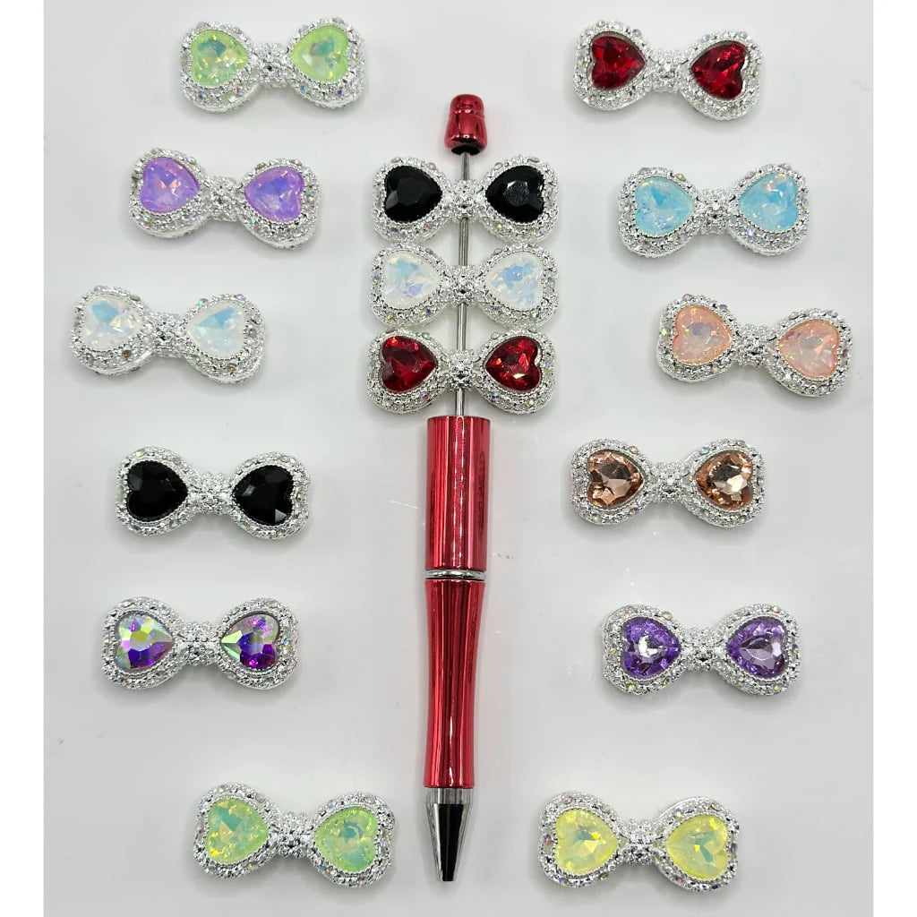 z-Silver Metal Beads Hollow Bowtie with Bling Bling Heart Diamond & Mini Rhinestones 35×16MM, Random Mix