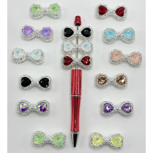 z-Silver Metal Beads Hollow Bowtie with Bling Bling Heart Diamond & Mini Rhinestones 35×16MM, Random Mix