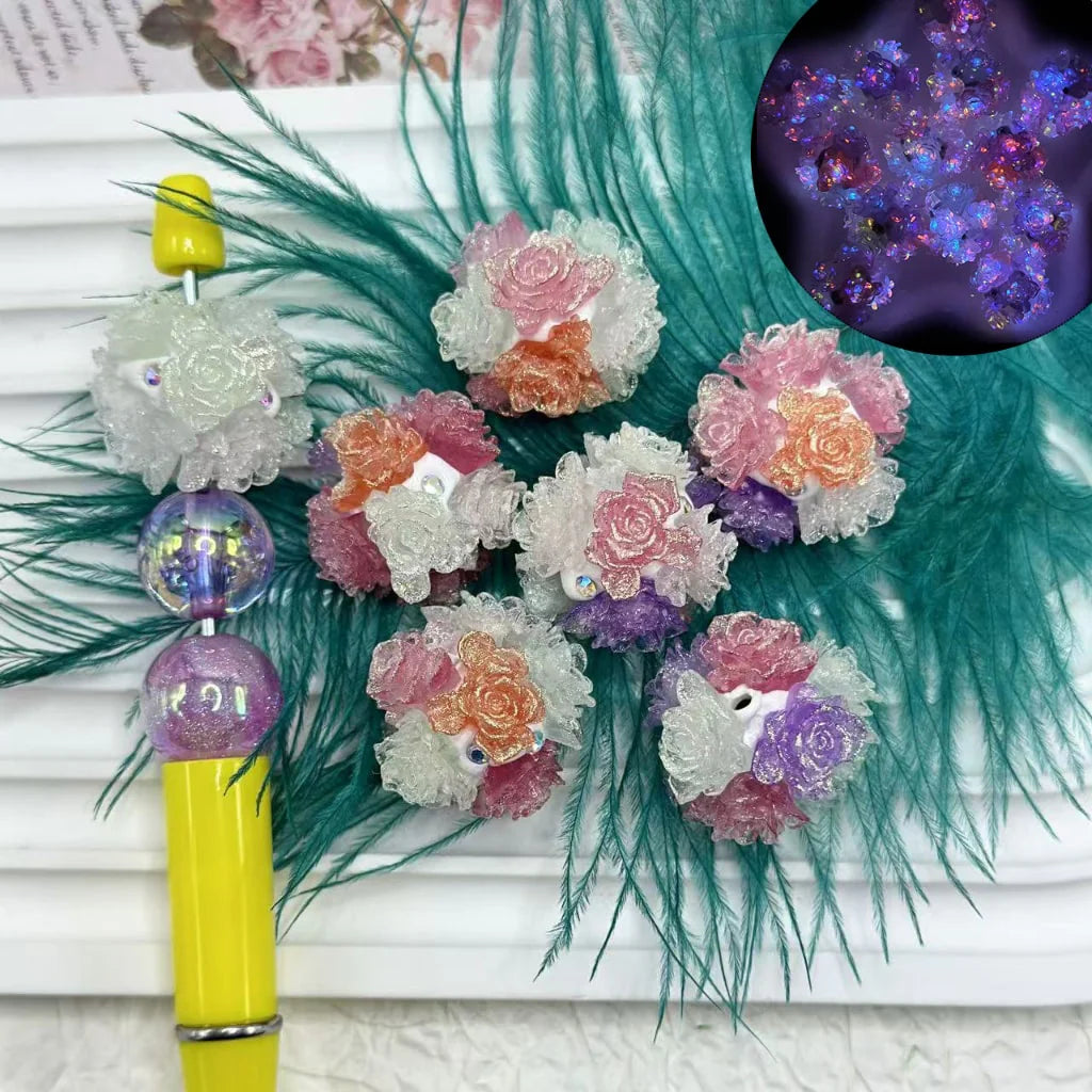 z-Exquisite Luminous Glowworm Color Changing Shiny Cute Flowers AB Rhinestones White Round Clay Beads, Random Mix, 24MM