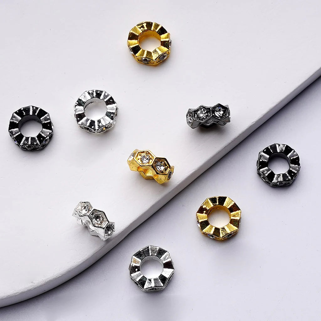 z-Exquisite Cute Gold Silver Gun Black Metal Hexagon Spacer with Clear Rhinestones, Around 10MM