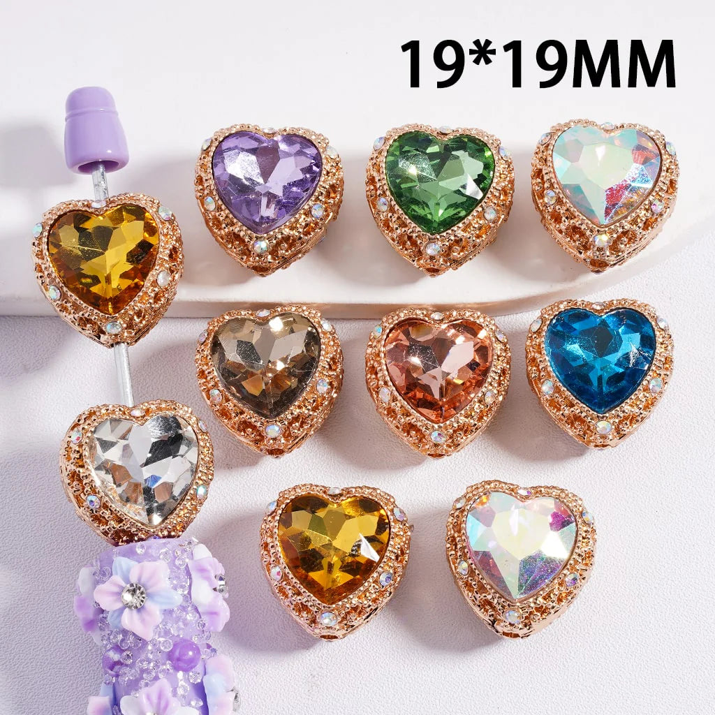 z-Silver & Gold Heart Shape Hollow Alloy Acrylic Beads with Heart Rhinestones, 20MM by 20MM