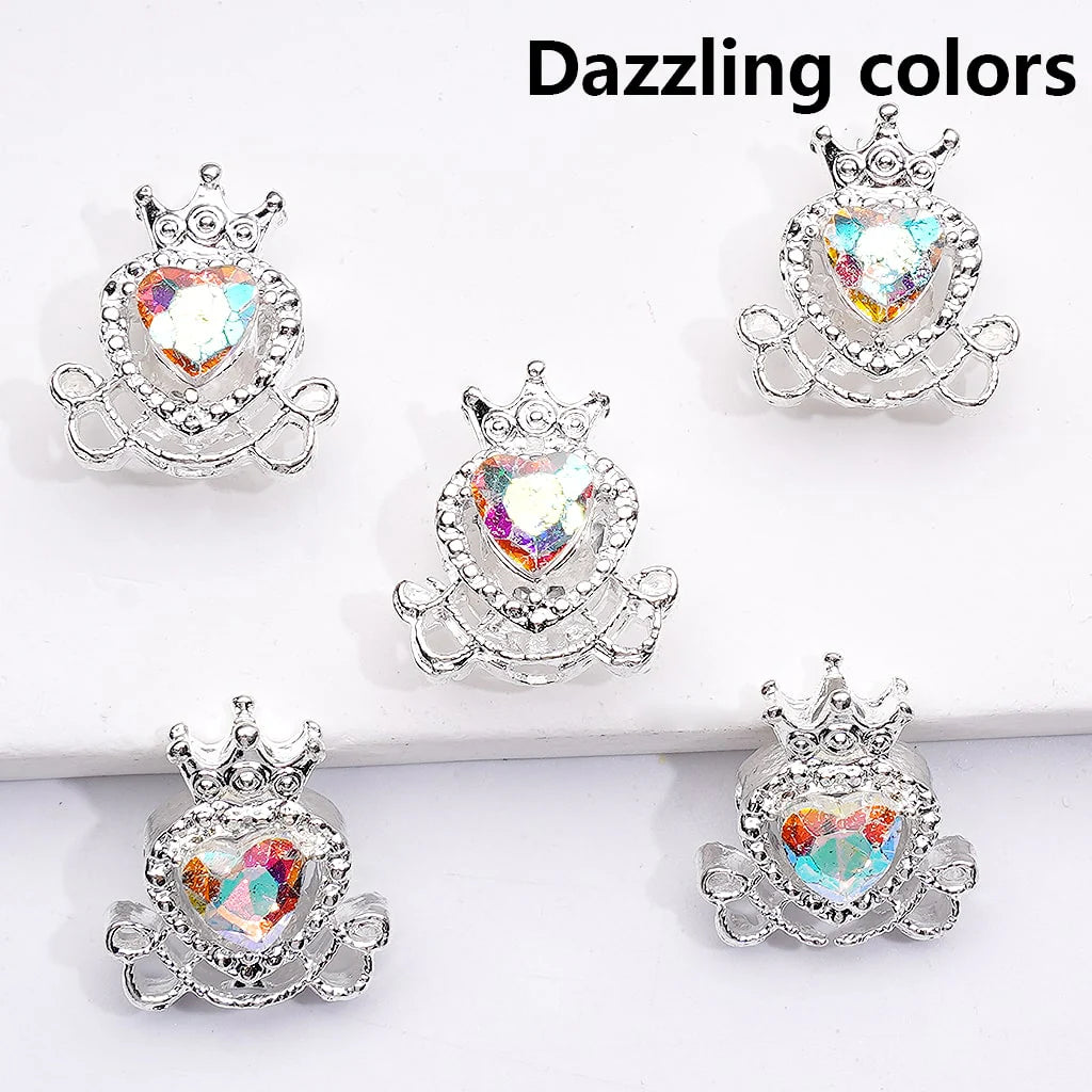 z-Silver Metal Beads Mini Fancy Crown with Shiny Hearts Rhinestones, 14*16MM