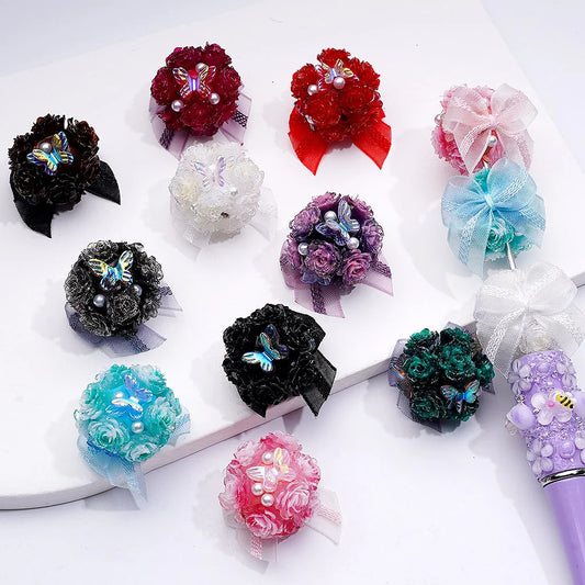 z-Shiny Glitter Butterfly Rose Flower White Pearls Fabric Bowtie Clay Beads, 22*20MM, Random Mix