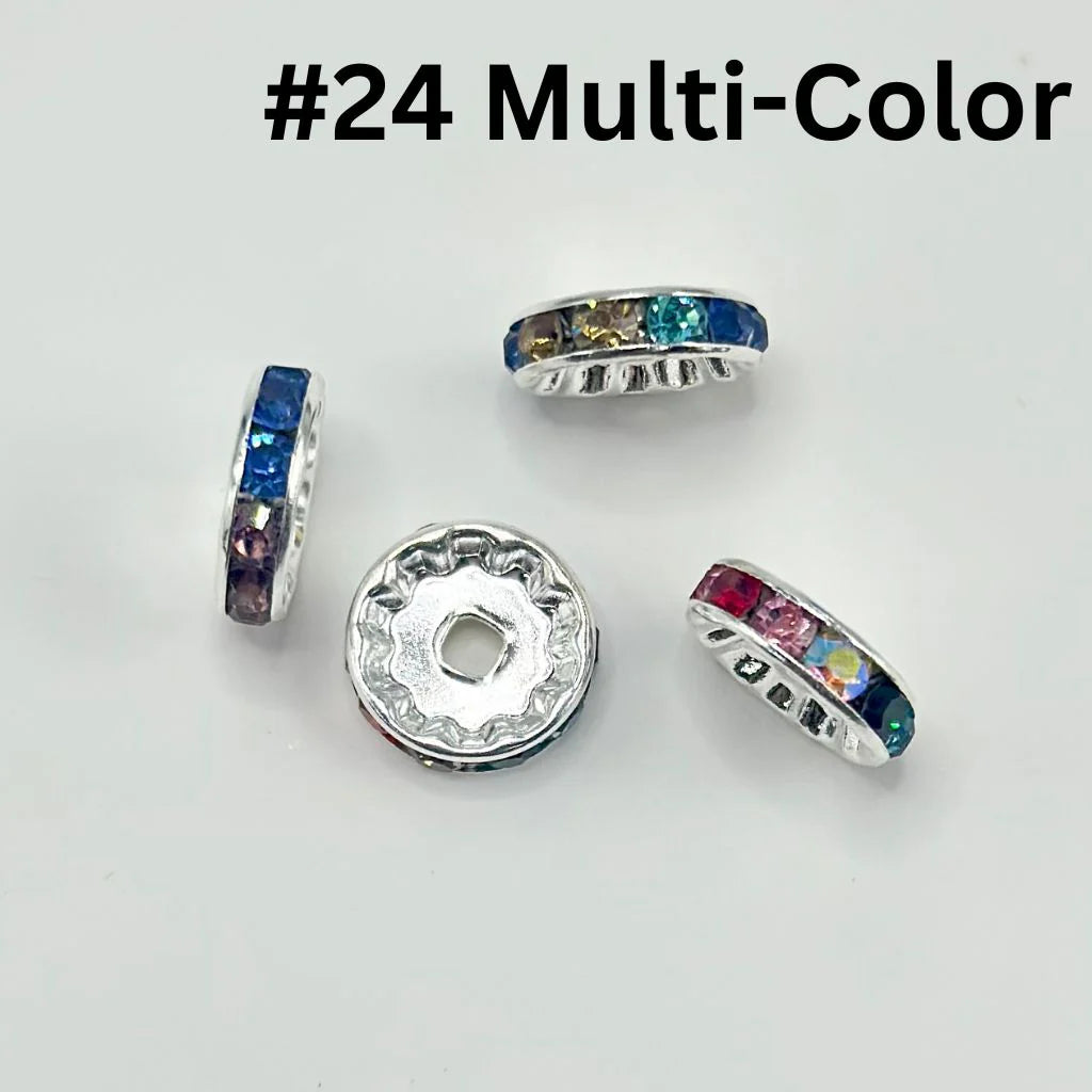 z-Flat Round Metal Spacers with Rhinestones, Straight, 12 mm