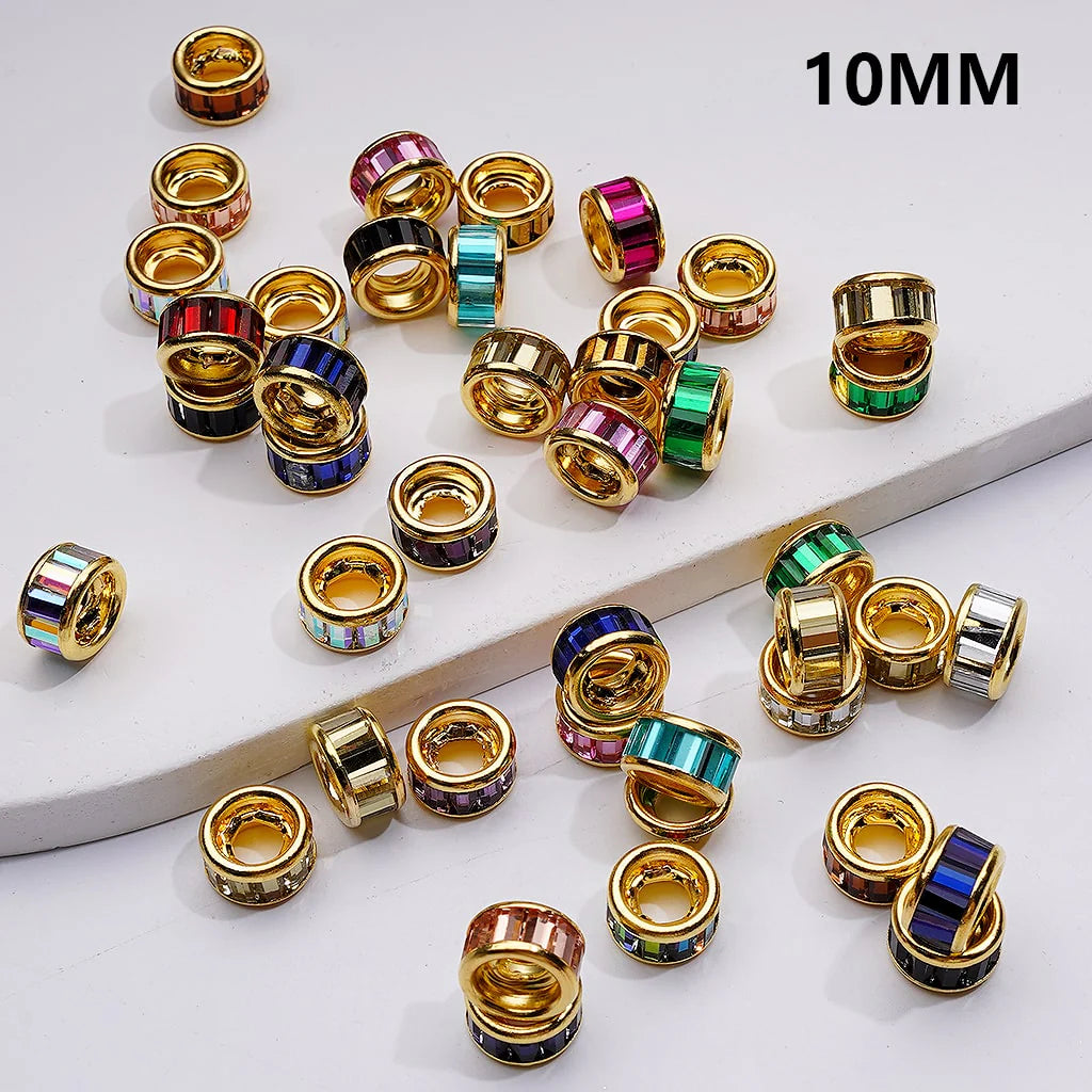 z-Gold Metal Beads Large Hole Rondelle Spacer with Multi Color Shiny Rhinestones, 10 MM