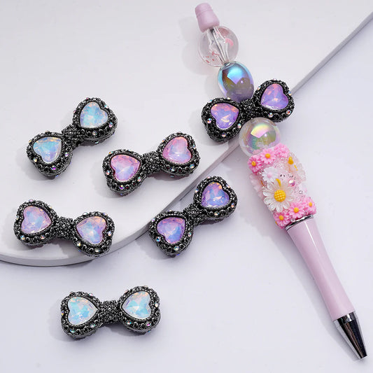 z-Gun Black Metal Beads Bowtie Shape with Hollow Alloy Acrylic Heart Rhinestones, 34MM by 17MM