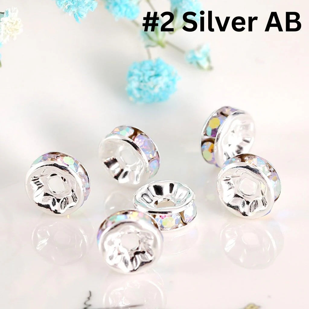 z-Flat Round Metal Spacers with Rhinestones, Straight, 12 mm
