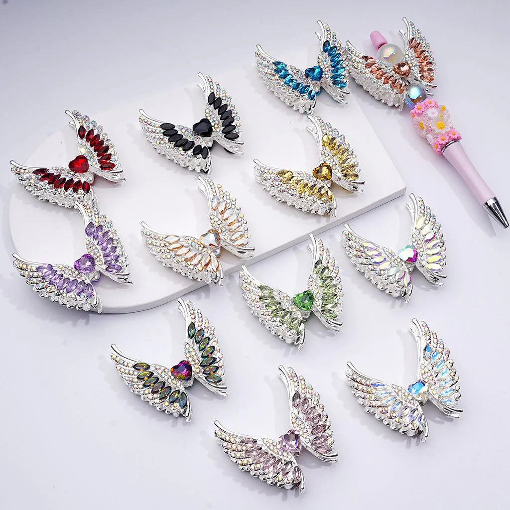 z-Silver Metal Beads Exquisite Angel's Wings Fancy Shiny Rhinestones, 46*50MM