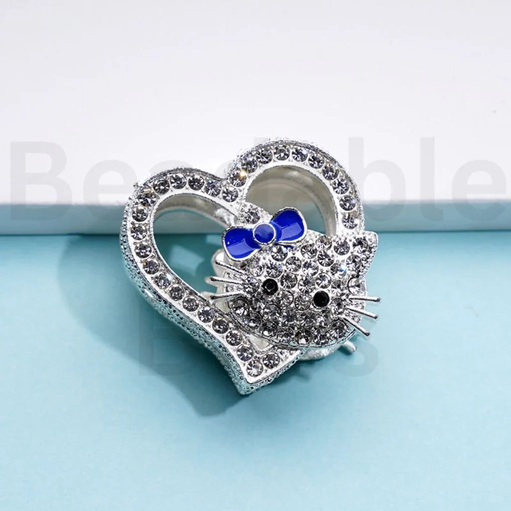 z-Silver Color Metal Beads Vivid Cute Cat Character Kitten with Clear Rhinestones, 27*28 MM Random Mix