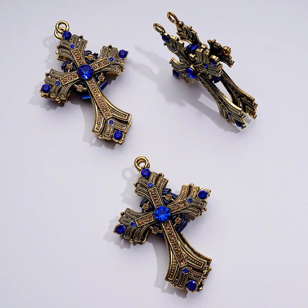 z-Large Delicate Fancy Dark Gold Alloy Cross with Small Ring Shiny Rhinestones Clay Beads, Around 74*52MM