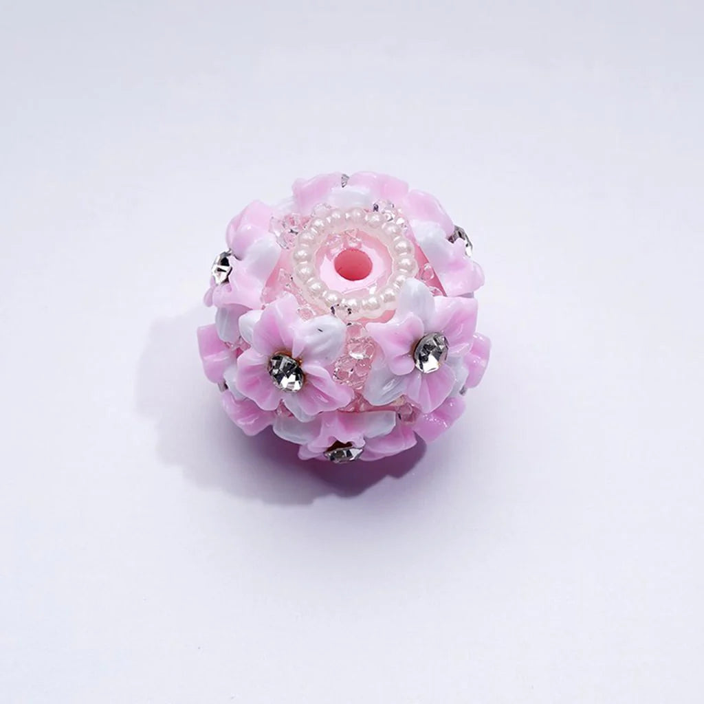 z-Multi-Color Cute Flowers Clear Rhinestone Inside White Pearls Ring Clear Sugars Round Clay Beads, 20MM