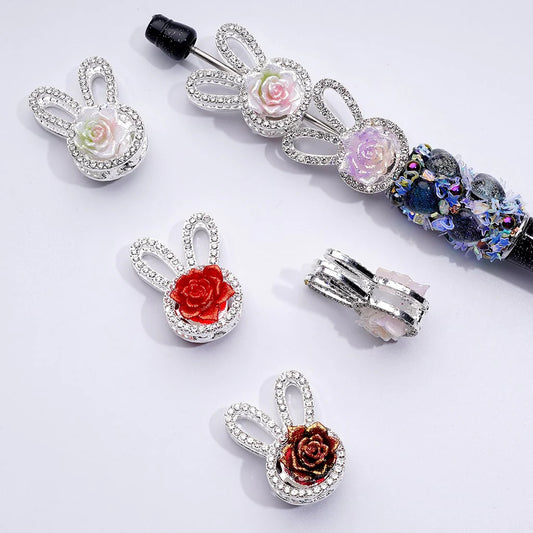 z-Silver Metal Beads with Mini Clear Rhinestones Delicate Fancy Cute Bunny Rabbit Head & Shiny Glitter Flowers 27×20MM Random Mix