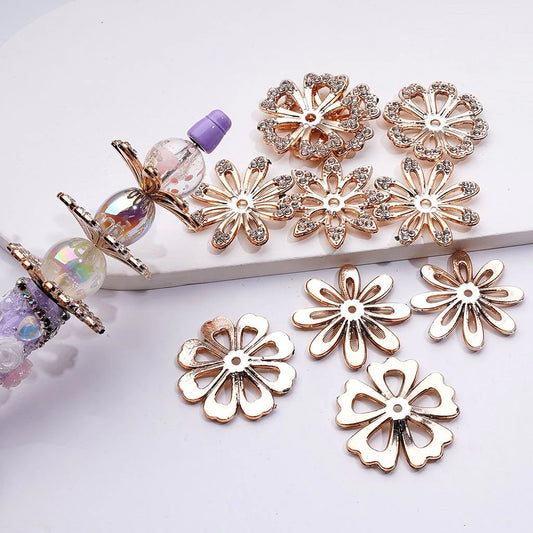 z-Gold Acrylic Small Petal Flower with Clear Rhinestones Jewelry Accessories Spacer, Around 32MM, Random Mix