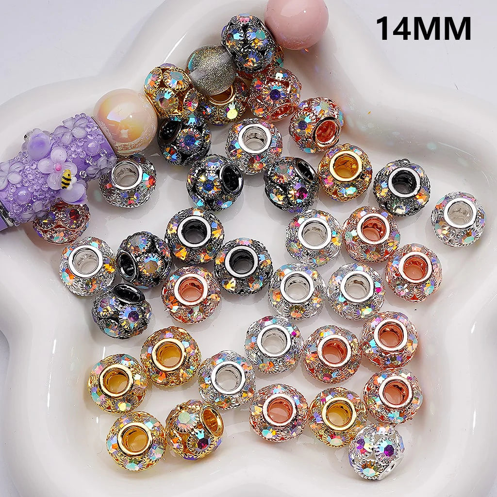 z-Milti Color Metal Beads Large Hole Round Spacer with AB Rhinestones, 14MM