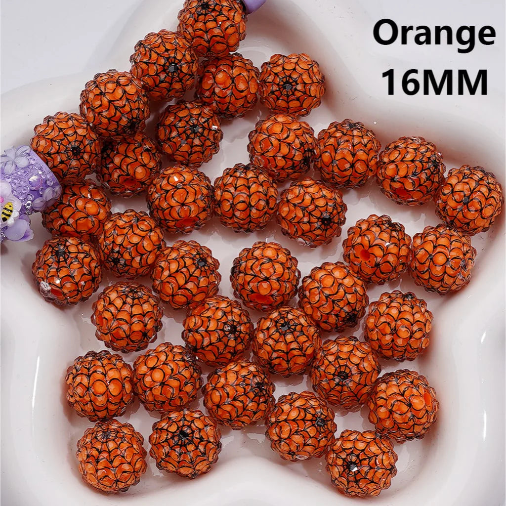 z-Halloween Clear Rhinestones Black White Spider Web Stripes Round Acrylic Beads in Solid Color, 16MM