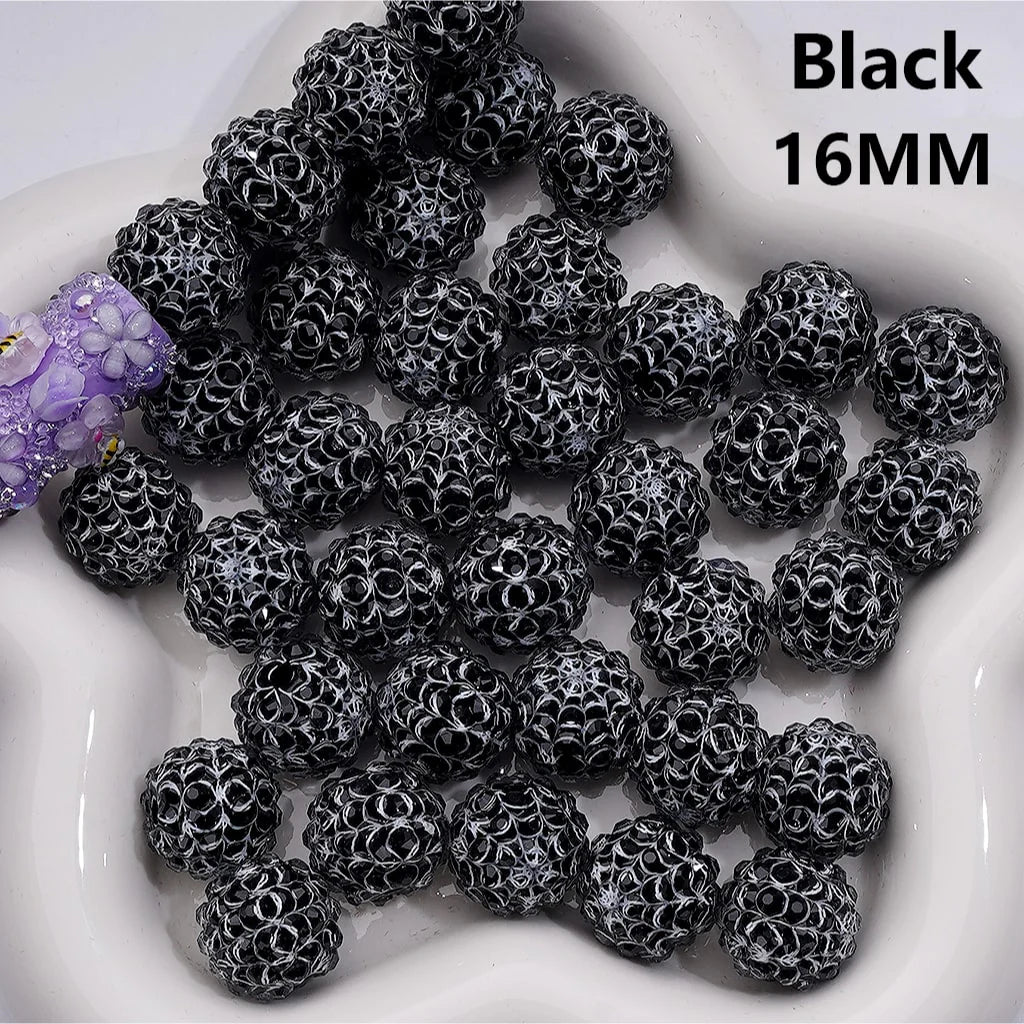 z-Halloween Clear Rhinestones Black White Spider Web Stripes Round Acrylic Beads in Solid Color, 16MM