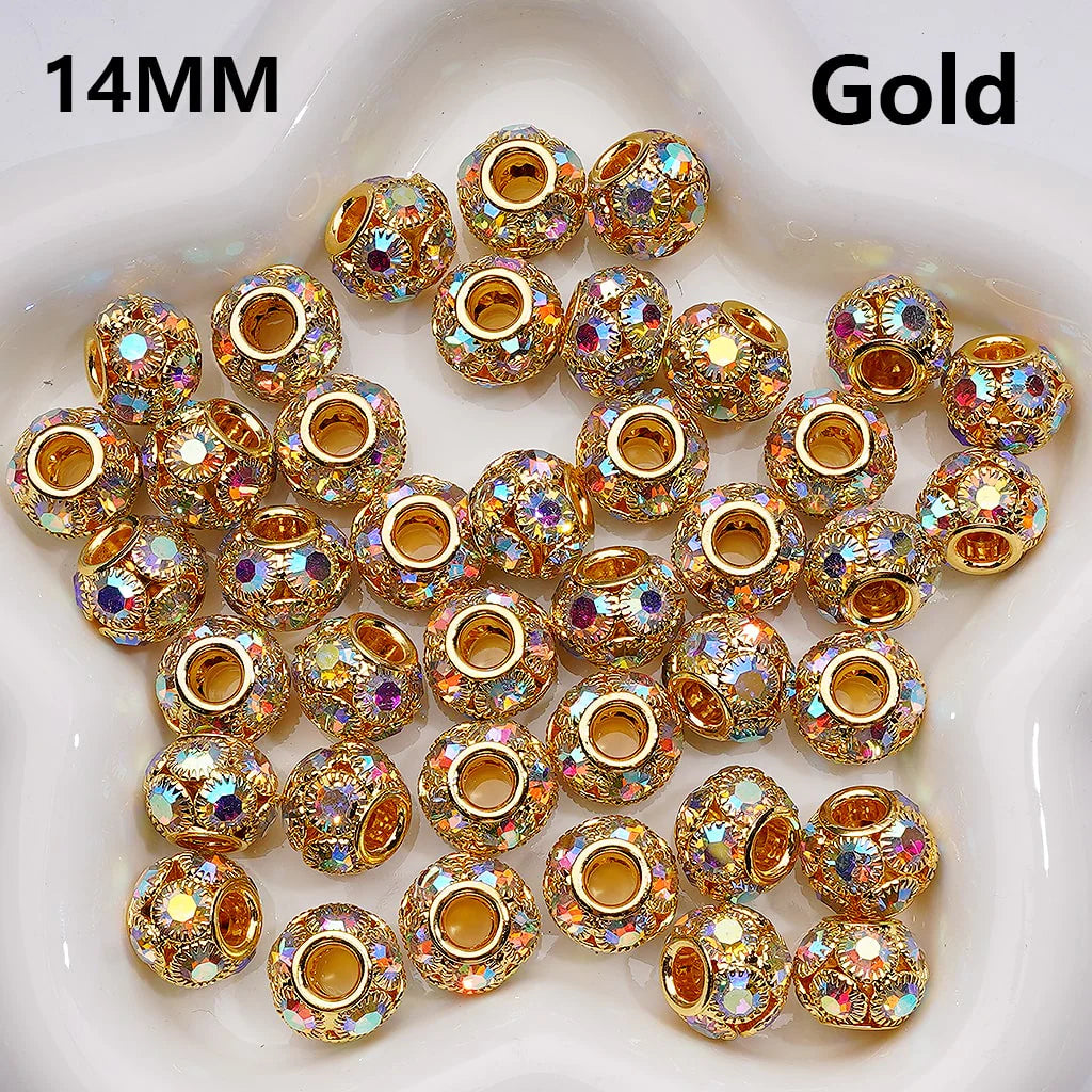 z-Milti Color Metal Beads Large Hole Round Spacer with AB Rhinestones, 14MM