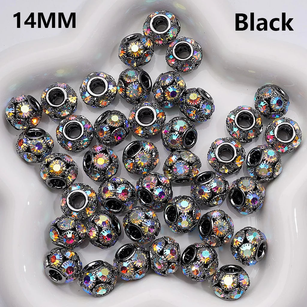 z-Milti Color Metal Beads Large Hole Round Spacer with AB Rhinestones, 14MM