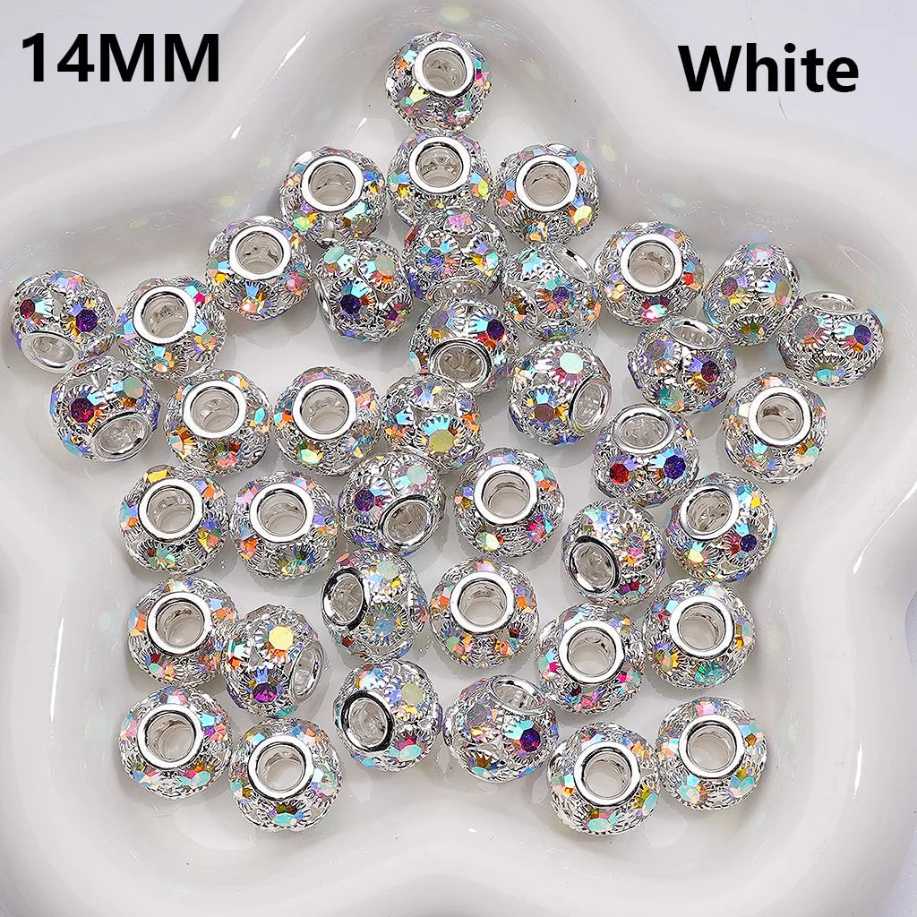 z-Milti Color Metal Beads Large Hole Round Spacer with AB Rhinestones, 14MM