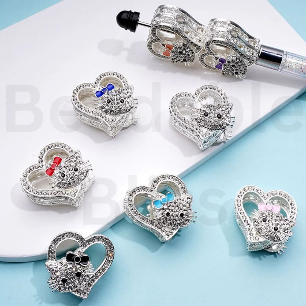 z-Silver Color Metal Beads Vivid Cute Cat Character Kitten with Clear Rhinestones, 27*28 MM Random Mix
