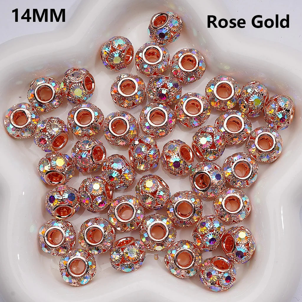 z-Milti Color Metal Beads Large Hole Round Spacer with AB Rhinestones, 14MM