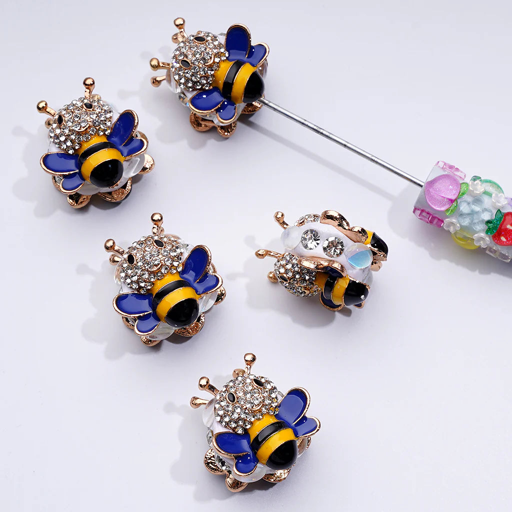 z-Fancy Mini Cute Alloy Bee with Clear Rhinestones Pearls White Flat Round Clay Beads, Around 27*30MM