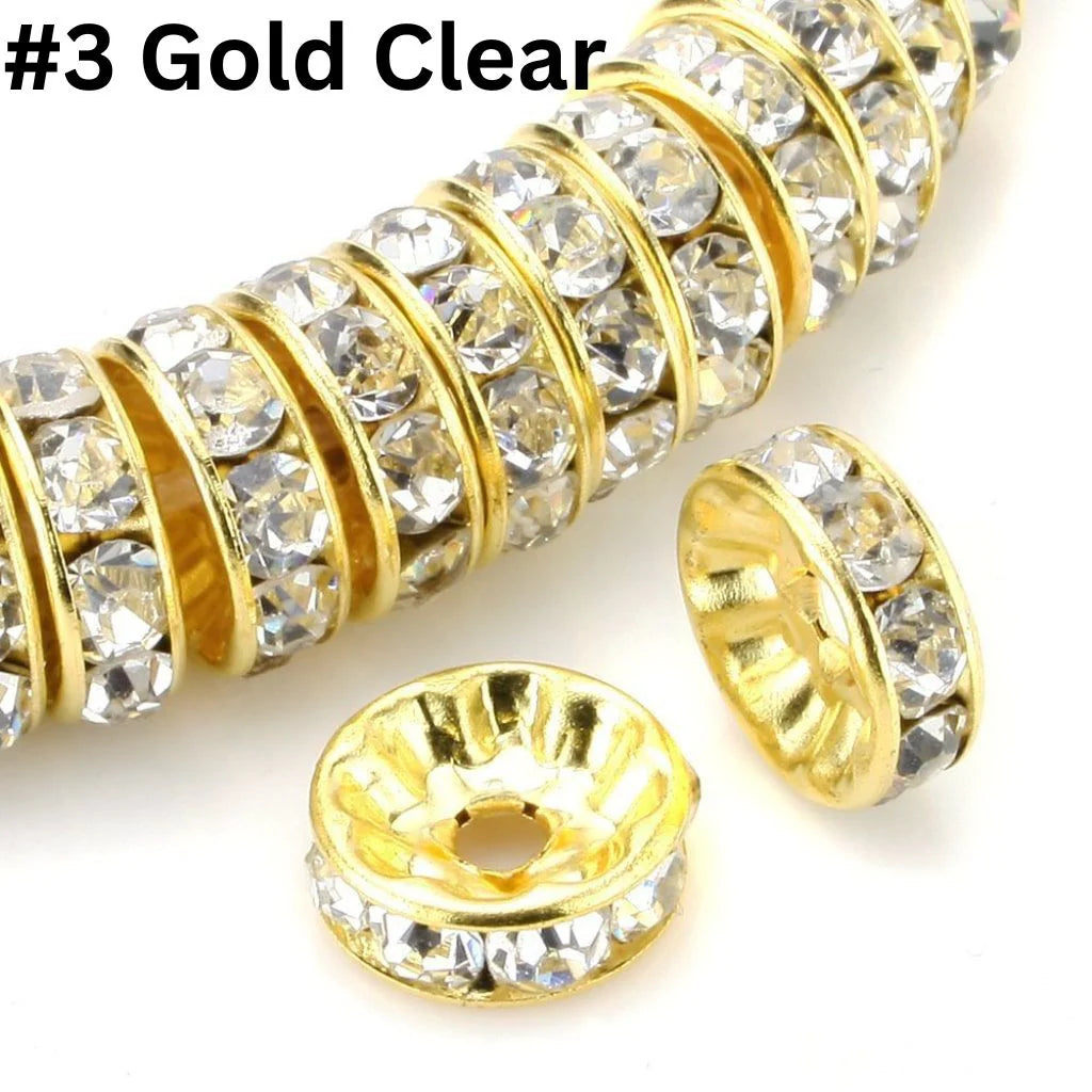 z-Flat Round Metal Spacers with Rhinestones, Straight, 12 mm