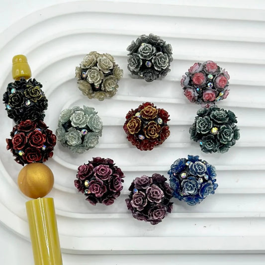 z-Colorful Shiny Glittery Flowers AB Rhinestones Black Round Clay Beads, Random Mix, 20MM