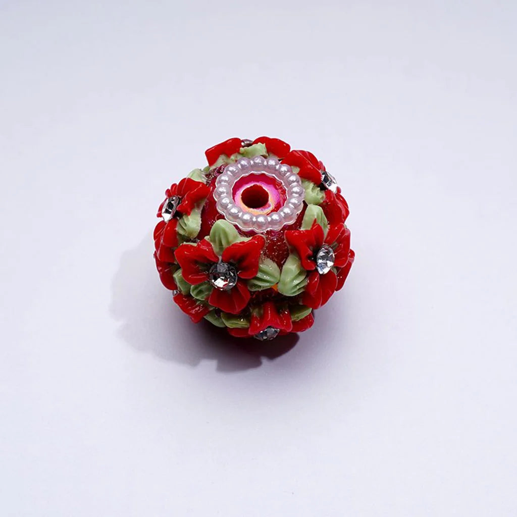 z-Multi-Color Cute Flowers Clear Rhinestone Inside White Pearls Ring Clear Sugars Round Clay Beads, 20MM
