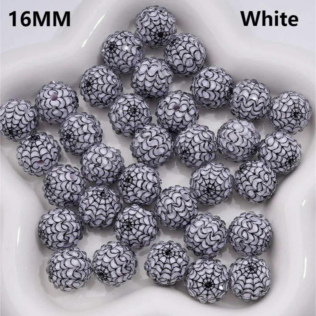 z-Halloween Clear Rhinestones Black White Spider Web Stripes Round Acrylic Beads in Solid Color, 16MM