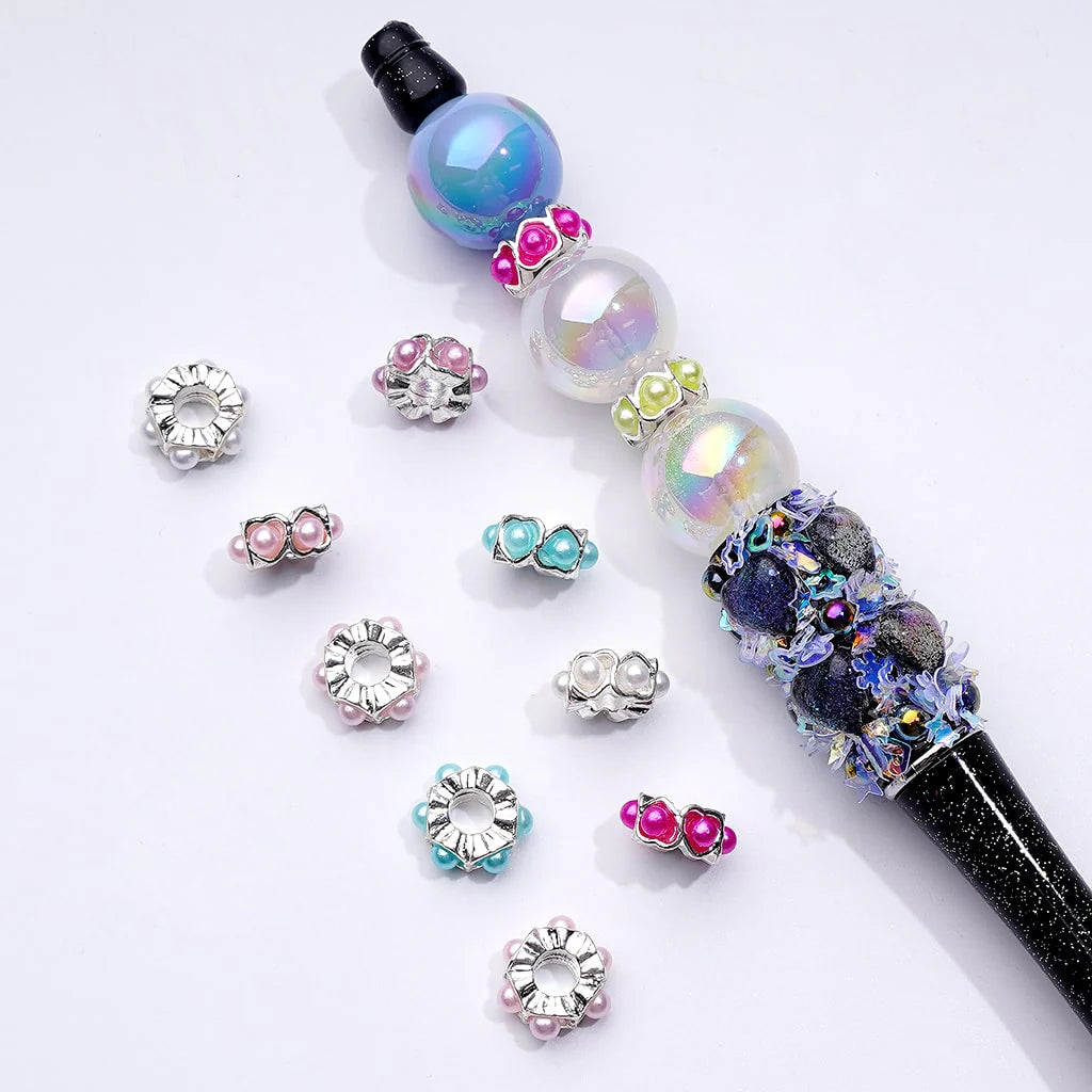 z-Mini Cute Silver Metal Heart Shape Spacer with Multi-Color Pearls, Around 10MM, Random Mix