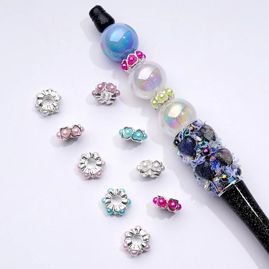 z-Mini Cute Silver Metal Heart Shape Spacer with Multi-Color Pearls, Around 10MM, Random Mix