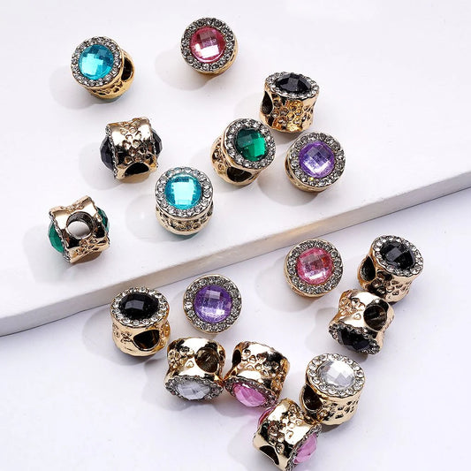 z-Gold Metal Beads Cylinder Shape Spacer with Colorful Rhinestones, Large Hole 10 MM