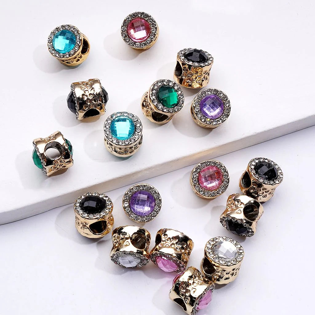 z-Gold Metal Beads Cylinder Shape Spacer with Colorful Rhinestones, Large Hole 10 MM