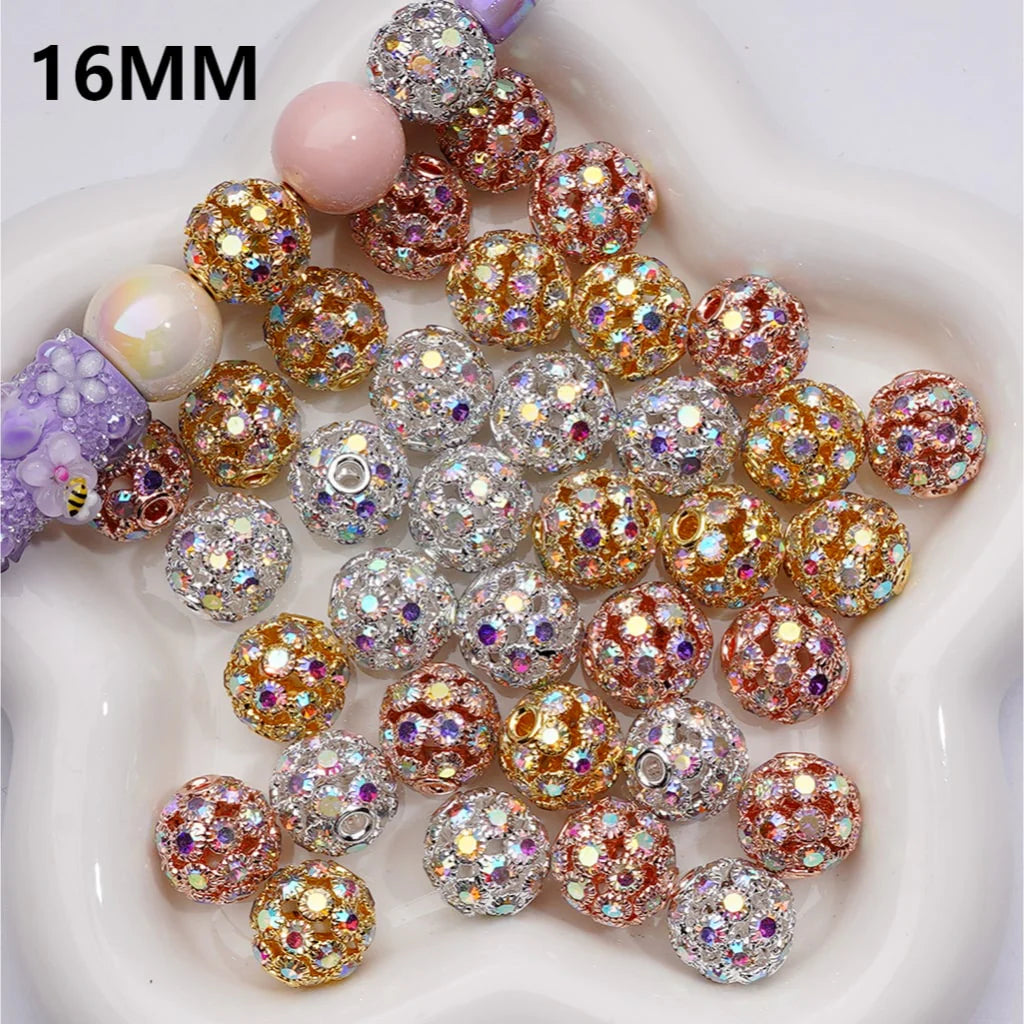 z-Multi Color Metal Beads Fancy Hollow Round with AB Rhinestones, 16 MM