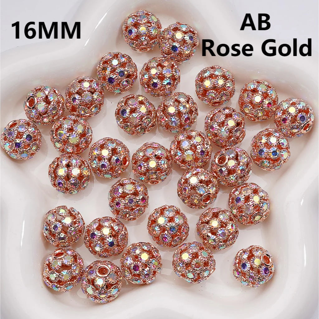 z-Multi Color Metal Beads Fancy Hollow Round with AB Rhinestones, 16 MM