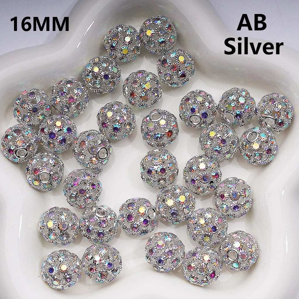 z-Multi Color Metal Beads Fancy Hollow Round with AB Rhinestones, 16 MM