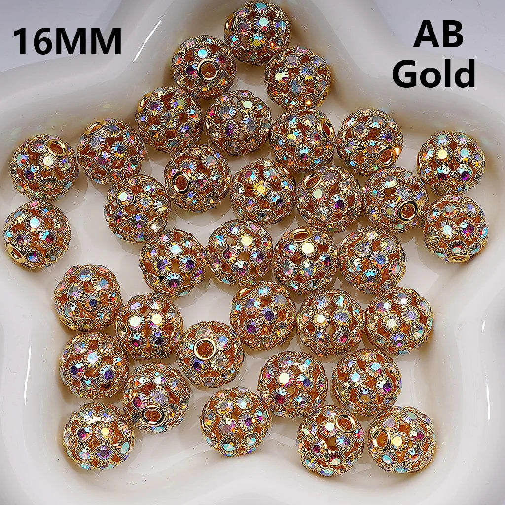 z-Multi Color Metal Beads Fancy Hollow Round with AB Rhinestones, 16 MM