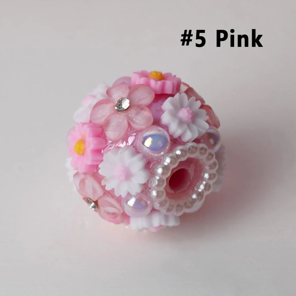 z-Mini Cute Flowers White Pearls Loop Clear Rhinestones Round Acrylic Beads, Around 20MM