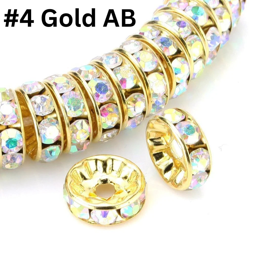 z-Flat Round Metal Spacers with Rhinestones, Straight, 12 mm